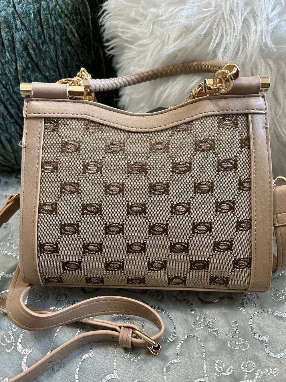 NWT Bebe Celia Beige Tan Logo Jacquard Braided-Handle Mini-Satchel